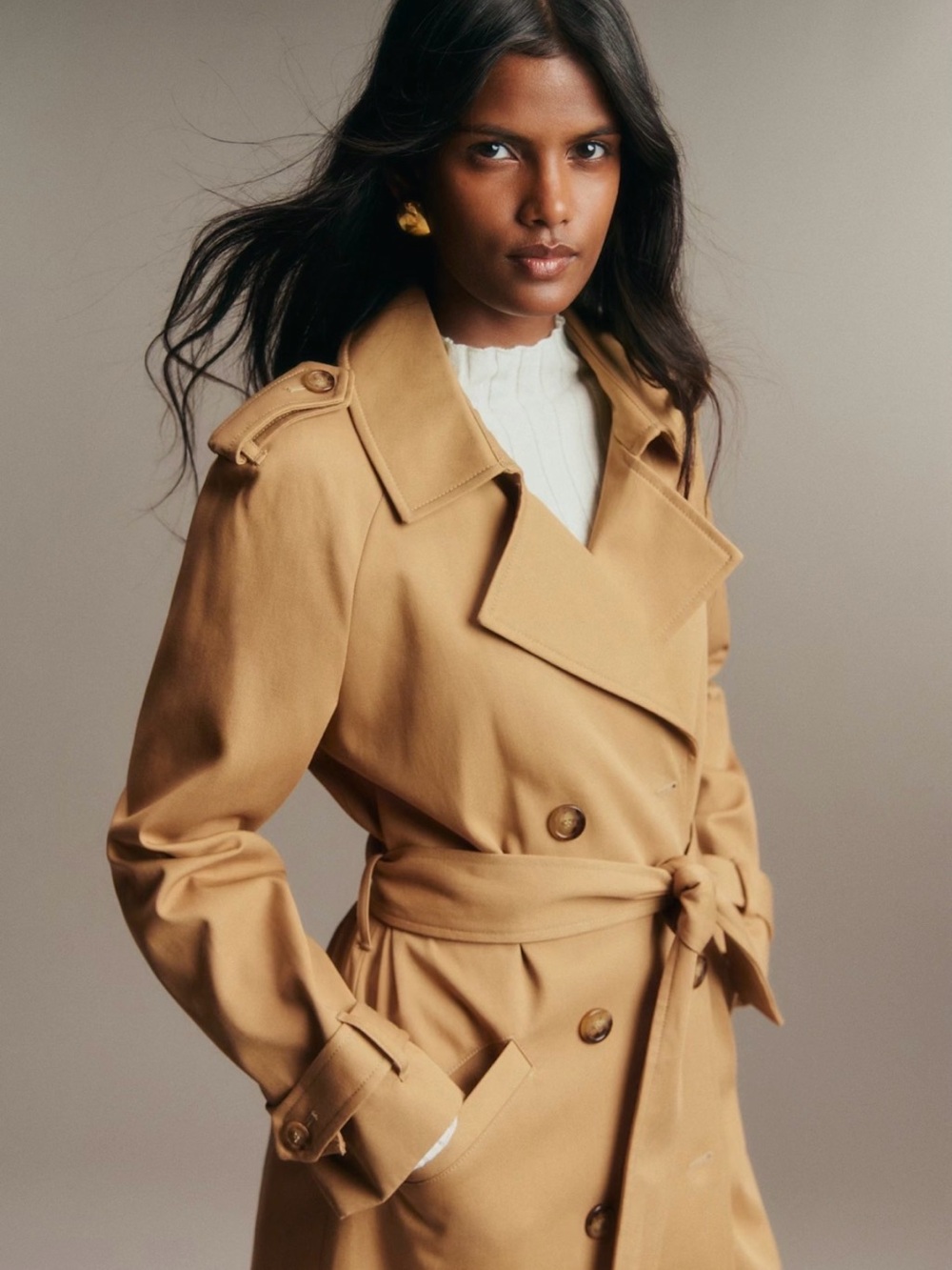 Sezane Scott Trench Coat Camel Belted Organic Cotton US 6